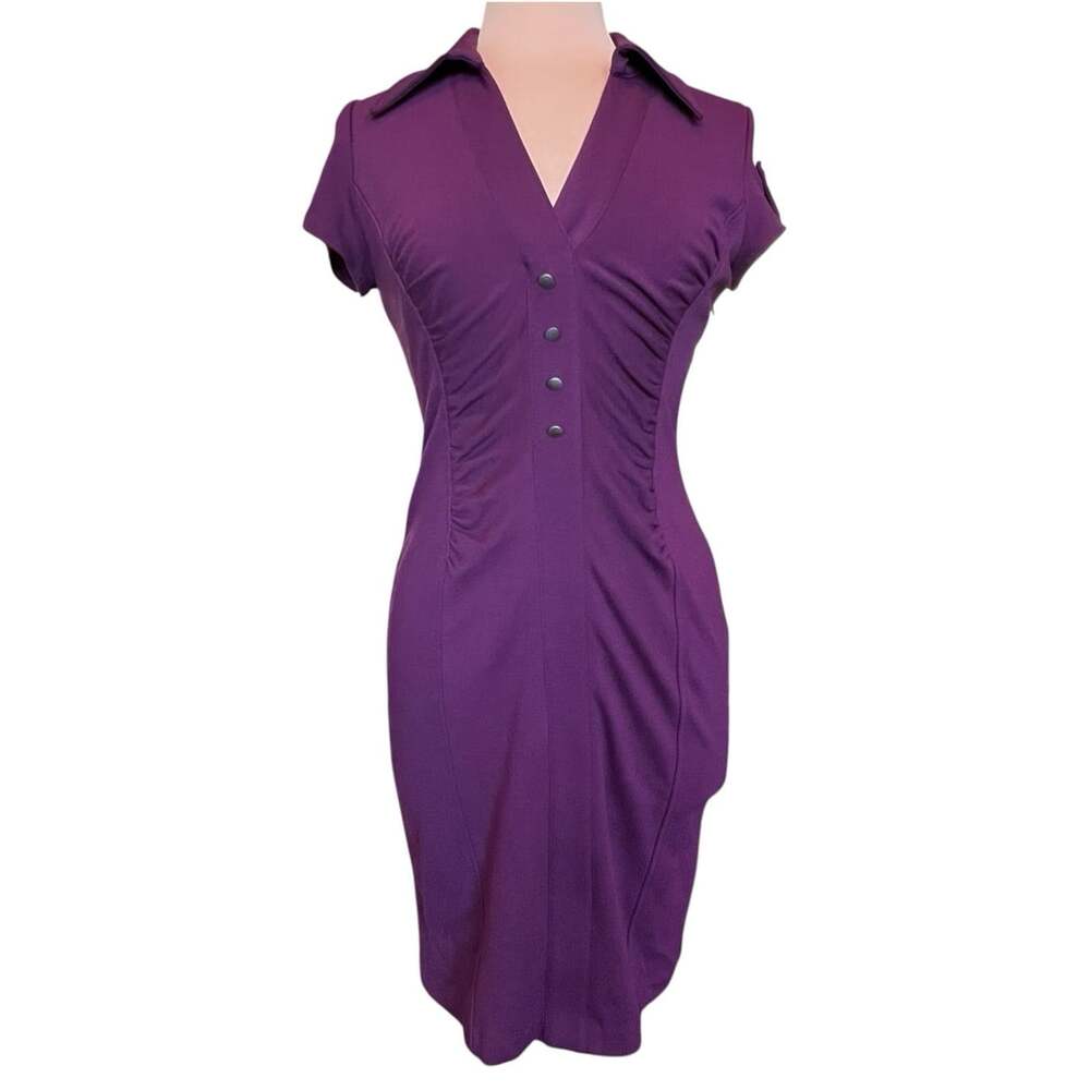 Nine West Ruched Front Sheath Dress Womens 4 Plum Solid V-Neck Midi Cap Sleeve